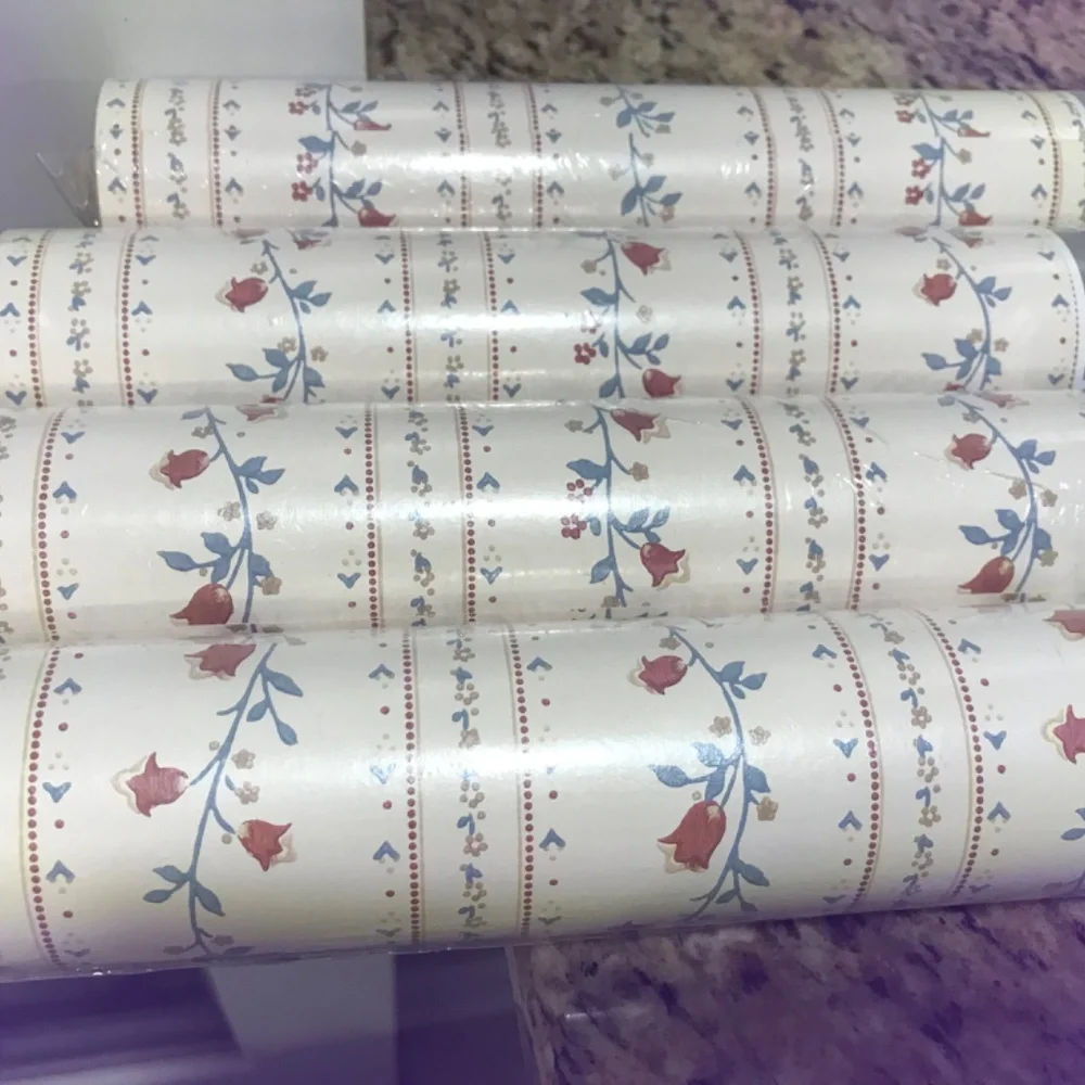 Vintage 4 rolls florals striped cottage vinyl wallpaper